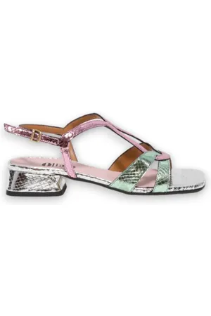 Oliaro Sandalo in pelle stampata lucertola argento fuxia verde acqua