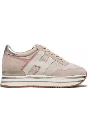 Hogan Sneakers Midi Platform in suede beige e tessuto beige dorato