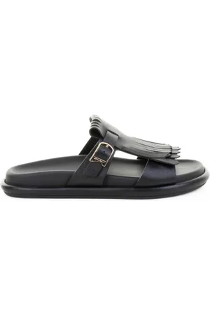 santoni Ciabatta nera in pelle con frangia