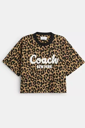 Coach Maglietta Corta Signature Leopardata Con Scritta In Corsivo