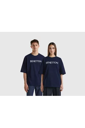 Benetton Donna T-shirt con logo - Benetton, T-shirt Blu Scuro Con Stampa Logo, size XXL, Blu Scuro, Donna