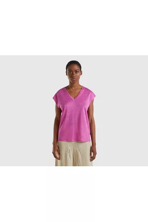 Benetton Donna Canotte - Benetton, Canotta Scollo A V 100% Lino, size L, Rosa, Donna
