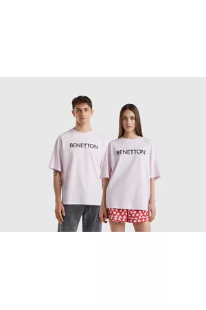 Benetton Donna T-shirt con logo - Benetton, T-shirt Rosa Chiaro Con Stampa Logo, size XXL, Rosa Tenue, Donna