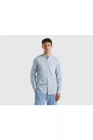 Benetton Uomo Camicie collo coreana - Benetton, Camicia Con Stampa Tropicale, size XXL, Celeste, Uomo