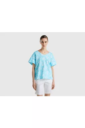 Benetton Donna T-shirt con stampa - Benetton, T-shirt Con Stampa Floreale, size L, Azzurro, Donna