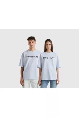 Benetton Donna T-shirt con logo - Benetton, T-shirt Celeste Con Stampa Logo, size XXL, Celeste, Donna