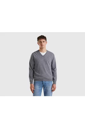 Benetton Uomo Benetton, Maglia Scollo A V Grigio Scuro In Pura Lana Merino, size XXL, Grigio Scuro, Uomo