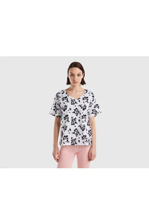 Benetton Donna T-shirt con stampa - Benetton, T-shirt Con Stampa Floreale, size L, Bianco, Donna