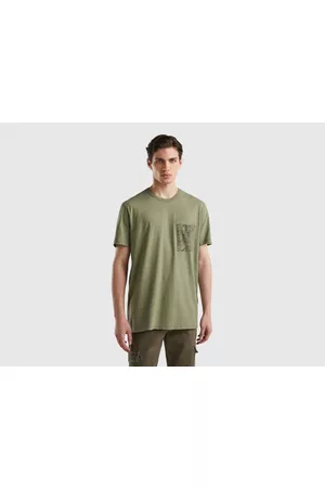 Benetton Uomo T-shirt - Benetton, Maglietta Con Taschino Stampato, size XXL, Verde Militare, Uomo
