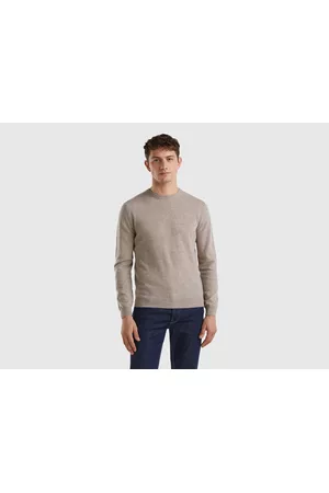 Benetton Uomo Maglioni - Benetton, Maglia Girocollo Tortora In Pura Lana Merino, size XXL, Tortora, Uomo