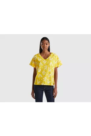 Benetton Donna T-shirt con stampa - Benetton, T-shirt Con Stampa Floreale, size L, Giallo, Donna