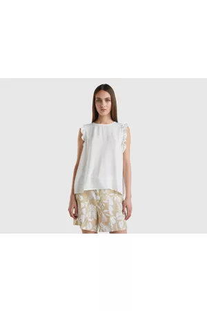 Benetton Donna Bluse - Benetton, Blusa Fluida Con Rouches, size L, Bianco Panna, Donna