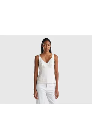 Benetton Donna Canotte - Benetton, Top Effetto Satin, size L, Bianco Panna, Donna