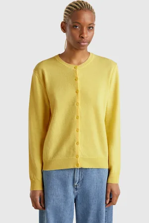 Benetton Benetton, Cardigan Girocollo Giallo In Pura Lana Merino