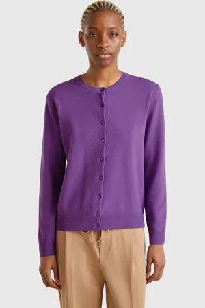 Benetton Benetton, Cardigan Girocollo Viola In Pura Lana Merino