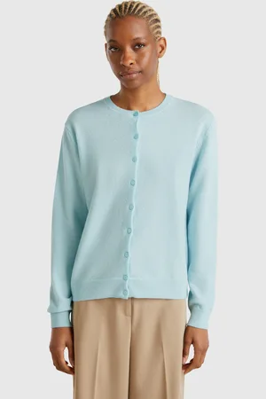 Benetton Benetton, Cardigan Girocollo Turchese In Pura Lana Merino