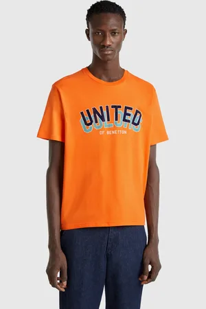 Benetton Benetton, T-shirt Arancione In Cotone Con Logo Blu Scuro