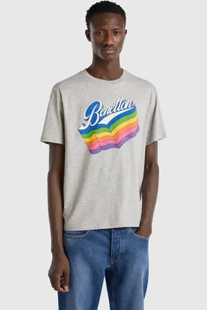Benetton Benetton, T-shirt Grigia In Cotone Con Logo Multicolor