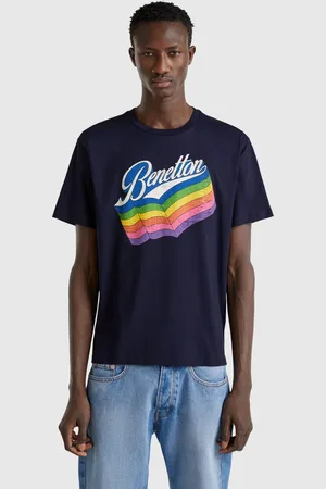 Benetton Benetton, T-shirt Blu Scuro In Cotone Con Logo Multicolor