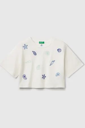 Benetton Benetton, T-shirt Bianca Con Ricamo Conchiglie