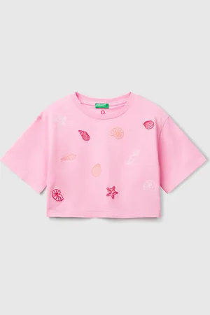 Benetton Benetton, T-shirt Rosa Con Ricamo Conchiglie
