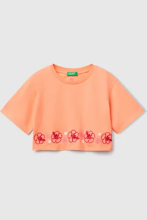 Benetton Benetton, T-shirt Arancione Con Ricamo Fiori