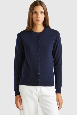 Benetton Benetton, Cardigan Girocollo Blu Notte In Pura Lana Merino