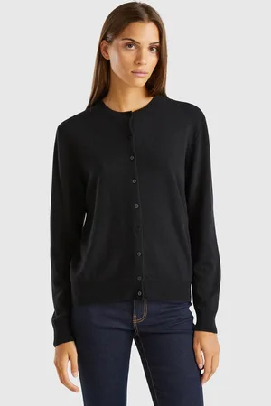 Benetton Benetton, Cardigan Girocollo Nero In Pura Lana Merino