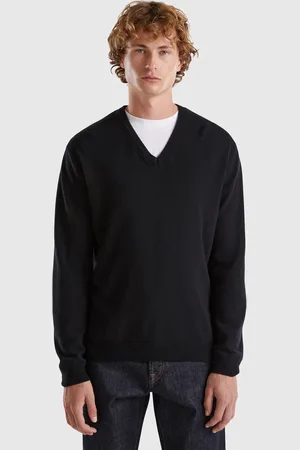 Benetton Benetton, Maglia Scollo A V Nera In Pura Lana Merino
