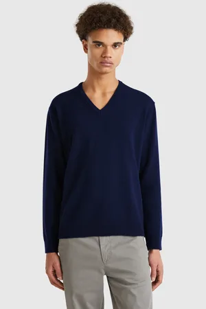Benetton Benetton, Maglia Scollo A V Blu Notte In Pura Lana Merino