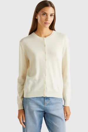 Benetton Benetton, Cardigan Girocollo Panna In Pura Lana Merino