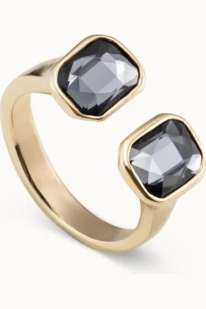 UNO de 50 Anello placcato oro 18k aperto con due 2 cristalli colore grigio scuro