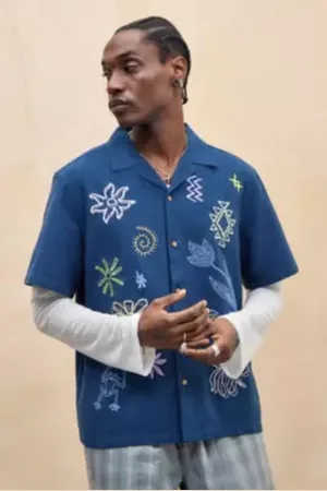 Urban Outfitters Camicia Slub Ricamata UO Blue Ray di