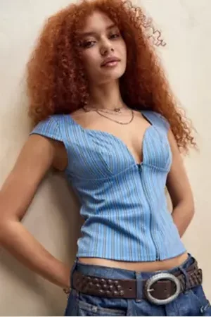 Silence + Noise Greta Stripe Zip-Front Top in a Urban Outfitters