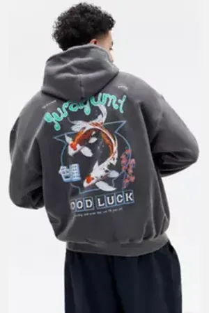 Urban Outfitters UO Black Good Luck Fish Hoodie di in