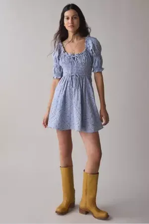Kimchi Blue Sofia Smocked Tie-Front Bow Mini Dress in a Urban Outfitters