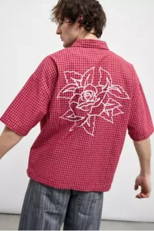 ED HARDY UO Exclusive Red Check Rose Shirt in