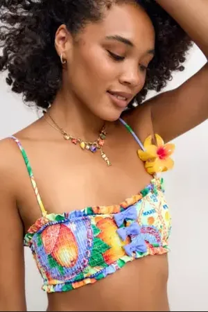 Damson Madder Jessie Orange Print Shirred Bow Bikini Top in