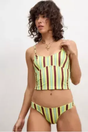Damson Madder Tropical Stripe Picot Trim Bikini Bottoms in
