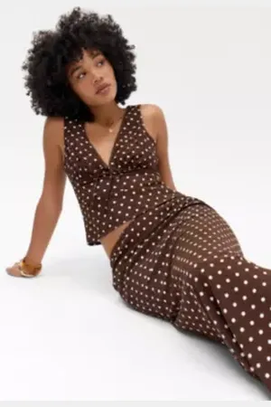Kiss The Sky Chai Polka Dot Slip Skirt in a Urban Outfitters
