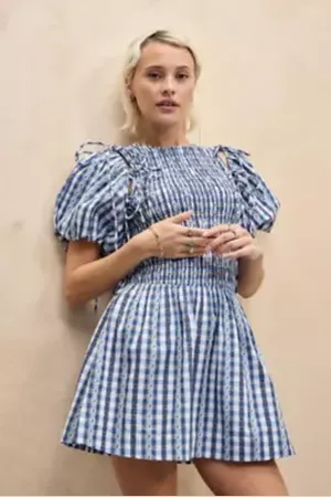 Damson Madder Vestito Mini Gingham Becca Margot Blu in