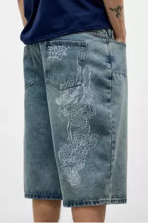 ED HARDY Pantaloncini UO Exclusive Blu con Draghi sulle Ginocchia in