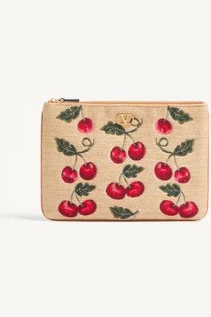 VALENTINO GARAVANI POCHETTE VLOGO SIGNATURE IN RAFIA JACQUARD CON MOTIVO CHERRYFIC Donna UNI