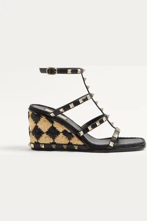 VALENTINO GARAVANI SANDALO ZEPPA ROCKSTUD IN VITELLO CON RICAMO CHECK 80MM Donna 35.5