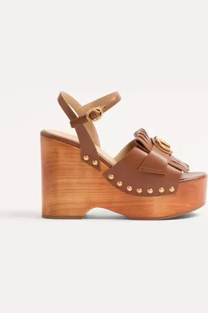VALENTINO GARAVANI SANDALO ZOCCOLO VLOGO SIGNATURE IN VITELLO CON FRANGE 120MM Donna 37.5