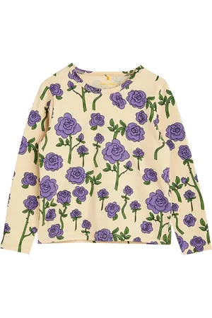 Mini Rodini T-shirt beige bambina in cotone biologico con rose all over