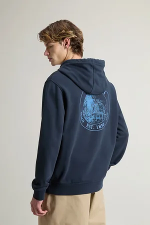 Woolrich Uomo Felpa in puro cotone con cappuccio e stampa sul retro Blu