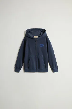 Woolrich Felpa con cappuccio da bambino in puro cotone tinta in capo con zip Blu