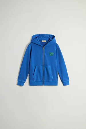 Woolrich Felpa con cappuccio da bambino in puro cotone tinta in capo con zip Blu