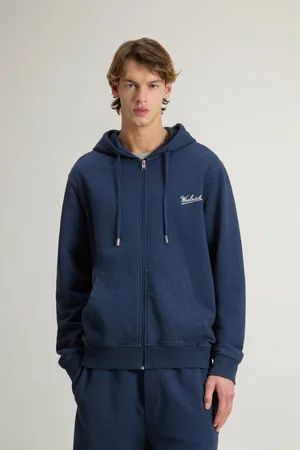 Woolrich Uomo Felpa con cappuccio in puro cotone mouliné con zip Blu